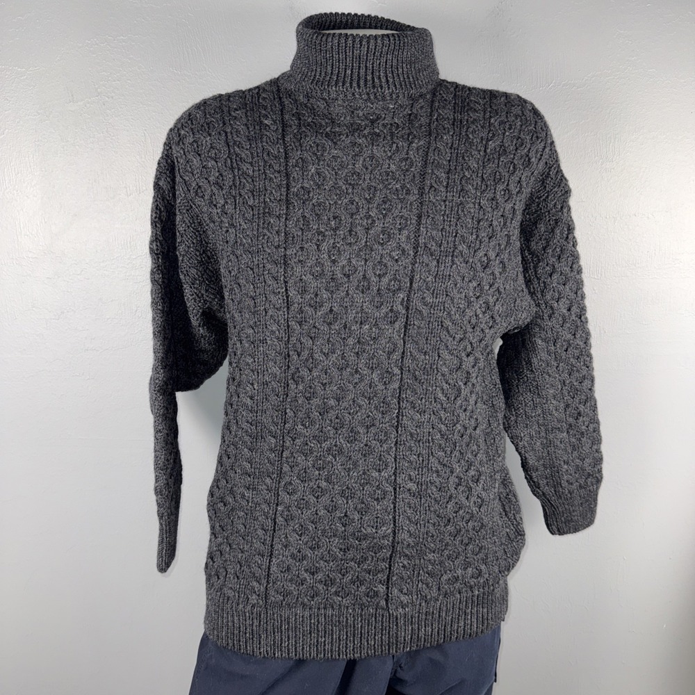 Aran Crafts Wool Cable Knit Sweater Unisex XL Roll Cuffs Neck Fisherman